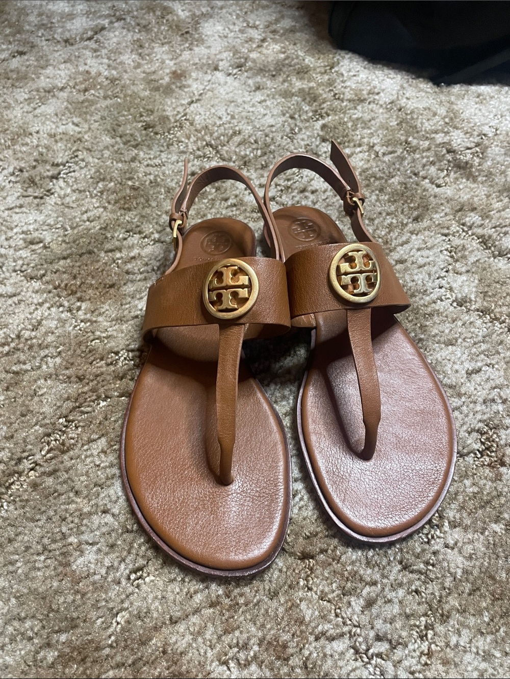 Tory Burch Brown Leather Logo Thong Sandals
